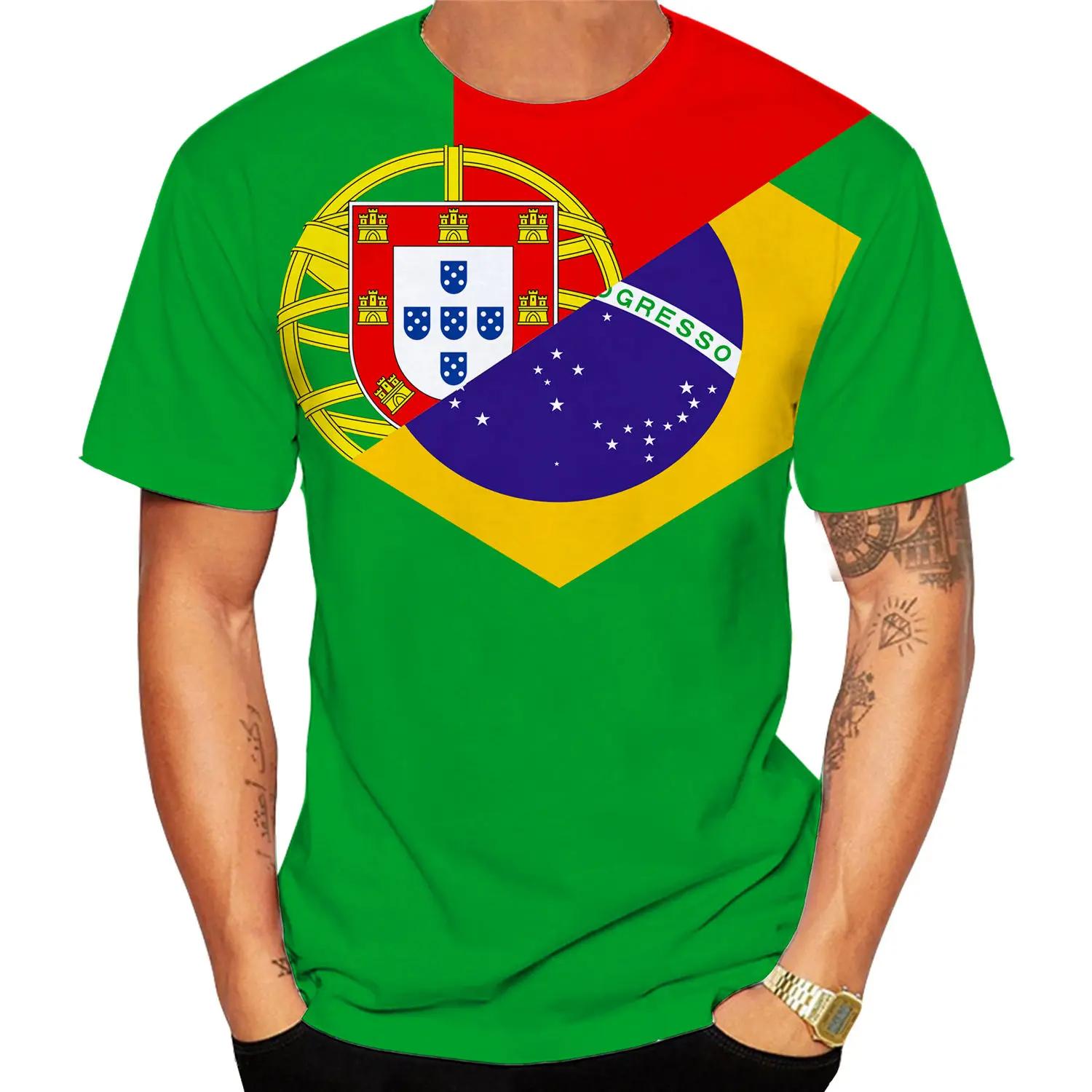 Camiseta 3D Bandeira Portuguesa e Brasileira Casual Gola Redonda Manga Curta Esporte Camisetas Masculinas 5XL