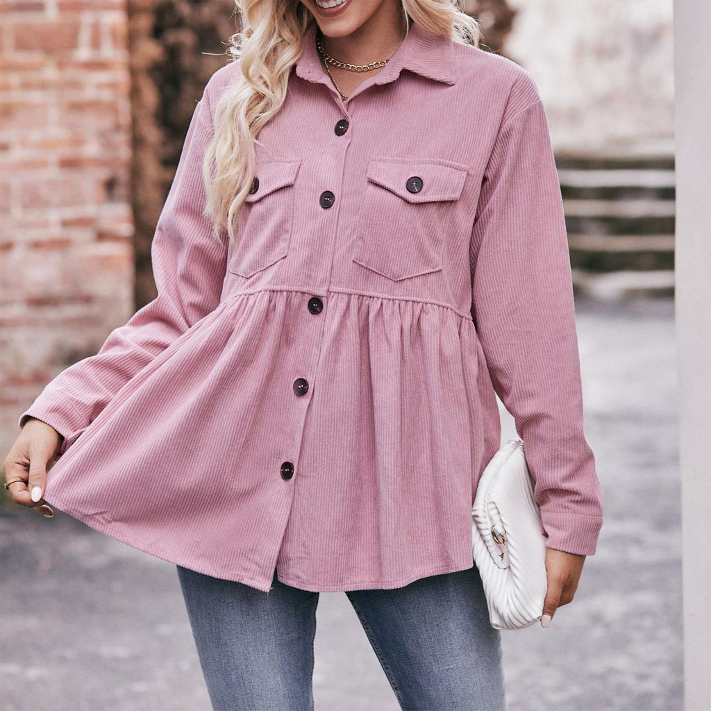 Women's Casual Long Sleeve Stand Collar Corduroy Solid Color Top Shirt
