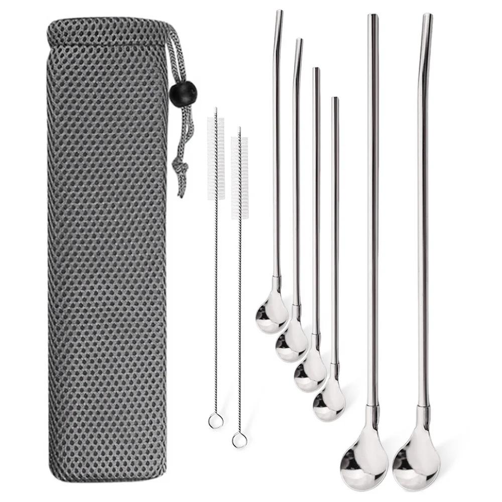 

9Pcs Gold Stainless Steel Straw Spoon Set Reusable Metal Straw with Brush Mixing Stirring Straw for Smoothie Drinking Accessory срібний