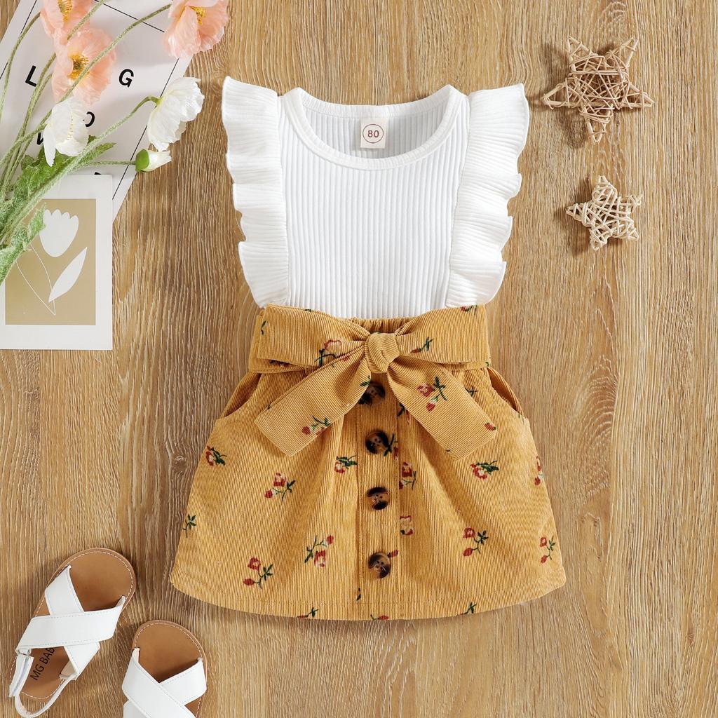 Girls' Fashion Set Children's Flying Sleeve Floral Corduroy Skirt Two-piece Set
