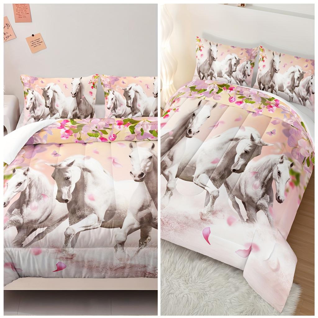 3Pcs Modern Fashion Bedding Set (1*Quilt Cover + 2*Pillowcase Without Core) Pink Floral Running Horse 3D Print Bedding Set