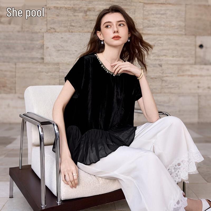 Women s French Elegant Velvet Mesh Patchwork Blouse L