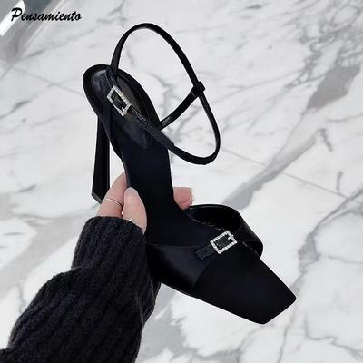 Fashion 2025 Star Style Crystal Satin Strap Buckle Women Gladiator Sandals Fashion Square Toe Thin High Heels Female Party Dress Shoes