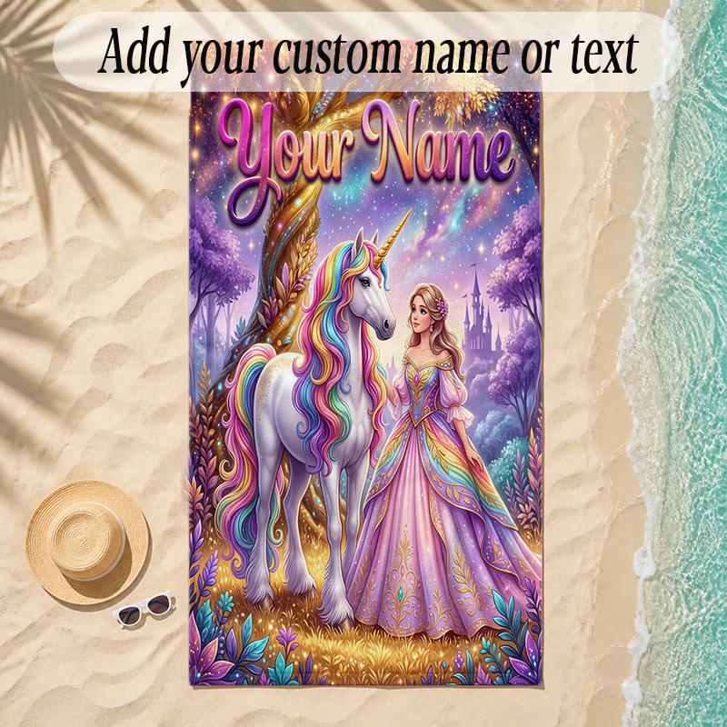 Unicorn Theme Soft Beach Towel Personalized Custom Name Text Towel Portable for Beach Pool Travel