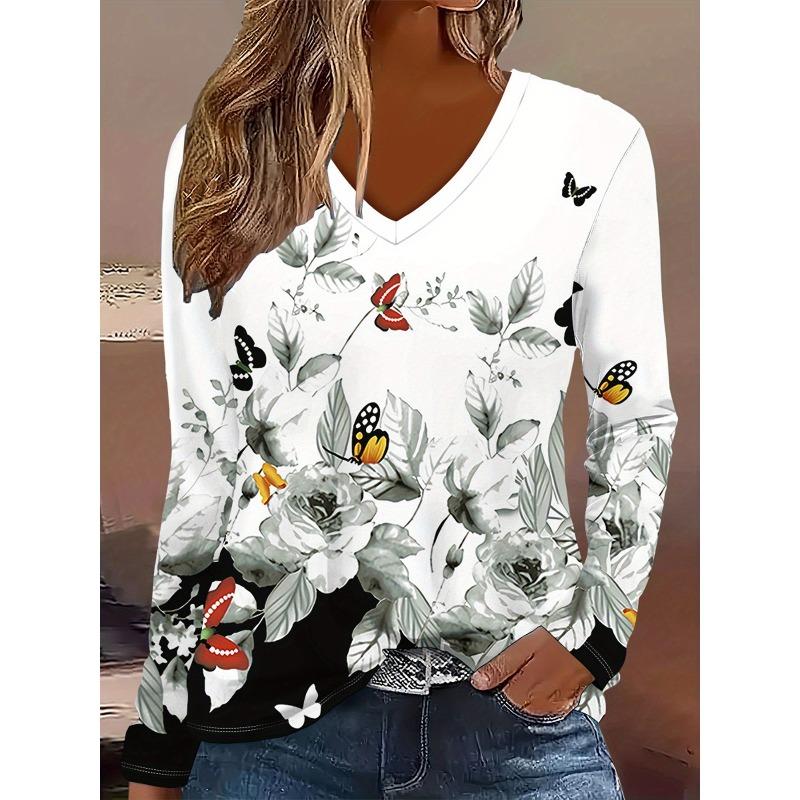Women's Autumn and Winter 3D Printed V-Neck Long Sleeve T-Shirt Fashion Versatile Trend Breathable Casual