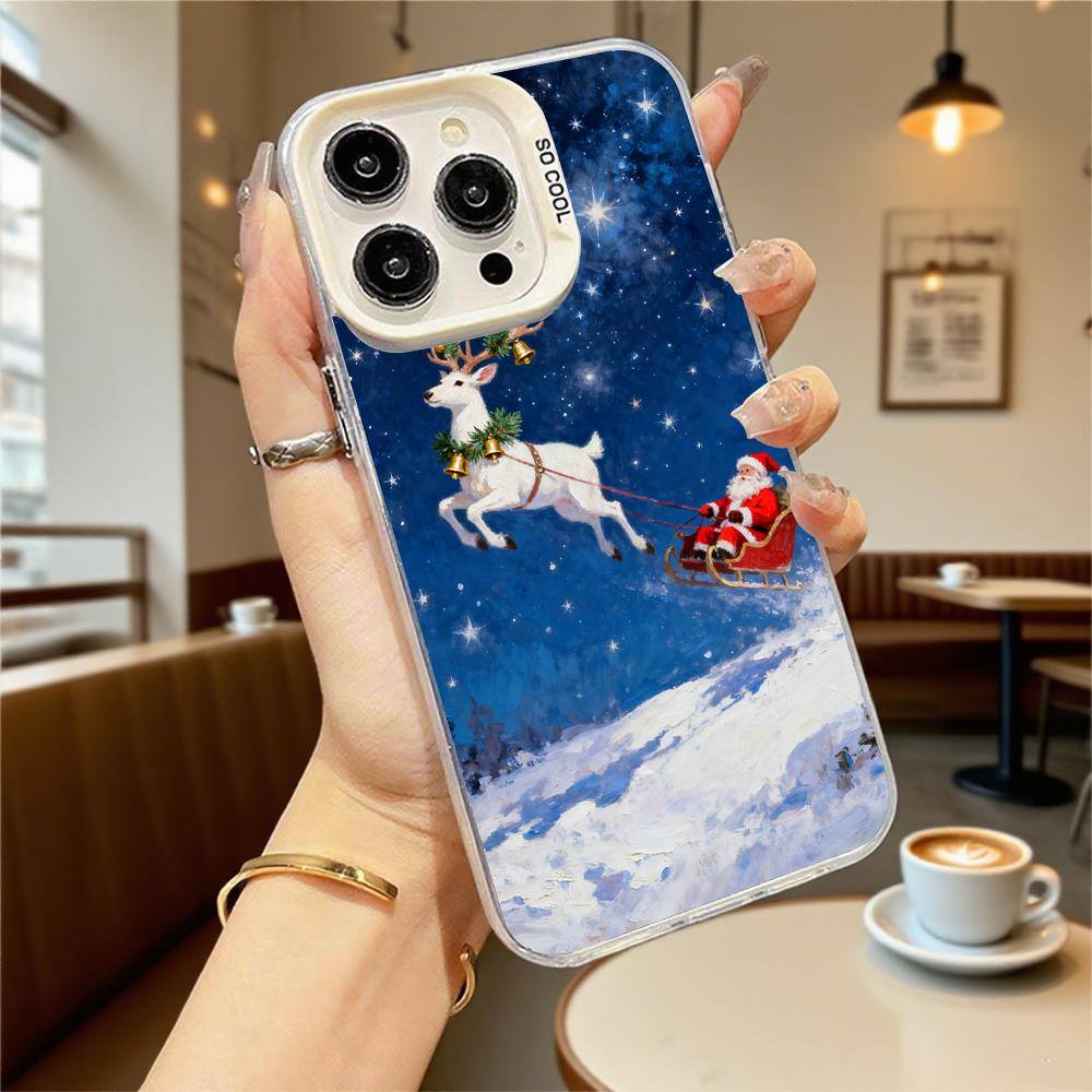 Santa Reindeer Sleigh In Snow Hard Phone Case for Iphone 16 15 14 13 12 11 Pro Max Mini Shockproof Anti-Scratch Protective Cover