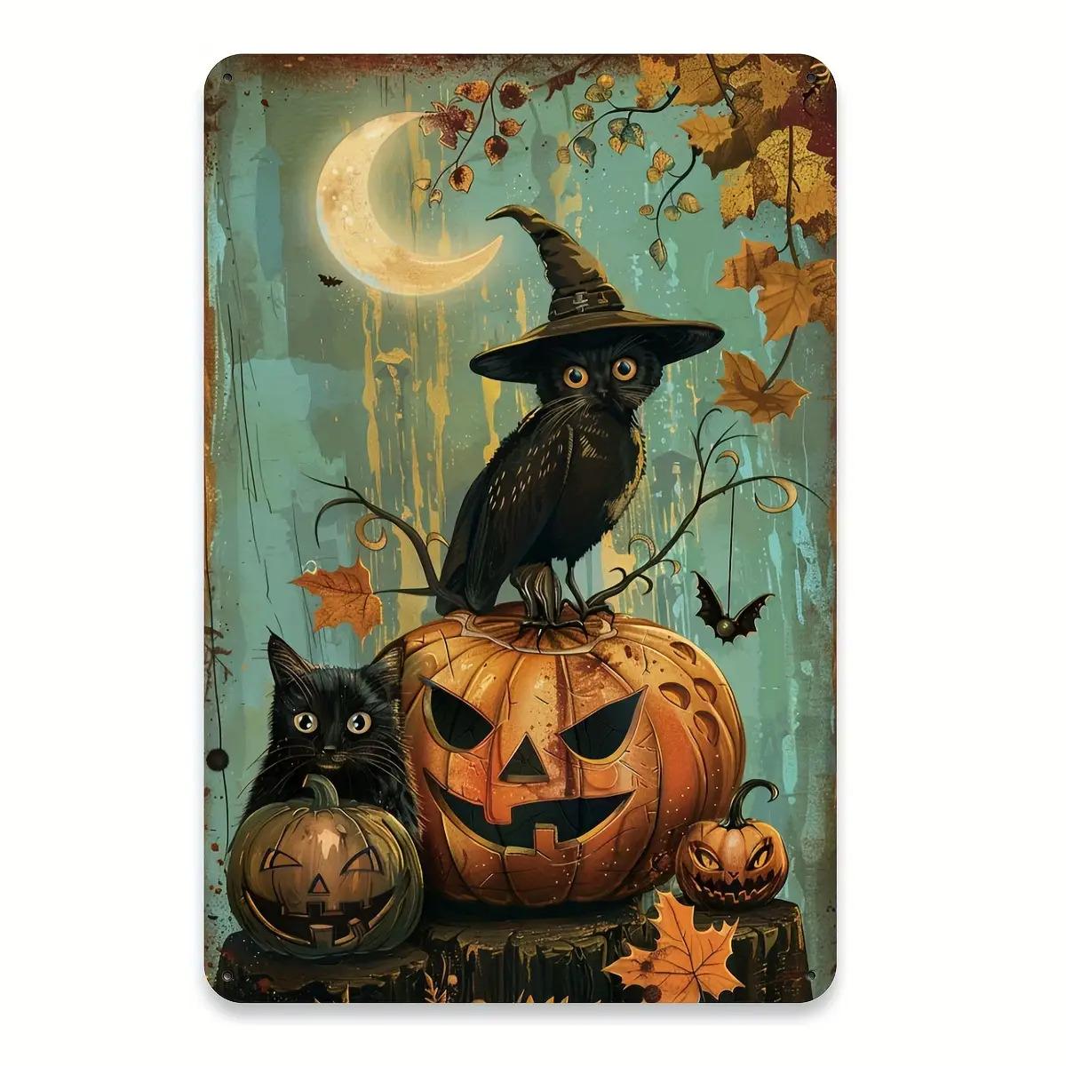 

2D Flat, 1pc Vintage Gothic Witch & Black Cat Metal Tin Sign - Heavy-Duty Iron Construction - 8x12 Inch (20x30cm) - Witch Hat 20x30cm（7.8x11.8inch）