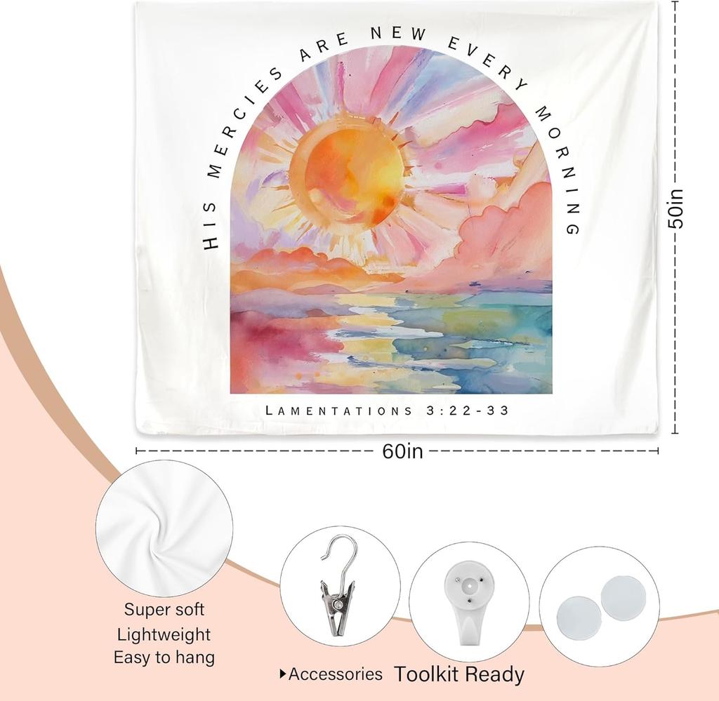 His Mercies Are New Every Morning Bible Verse Wall DecorReligious Scripture Tapestries Wall Blanket for Church Prayer Room Home