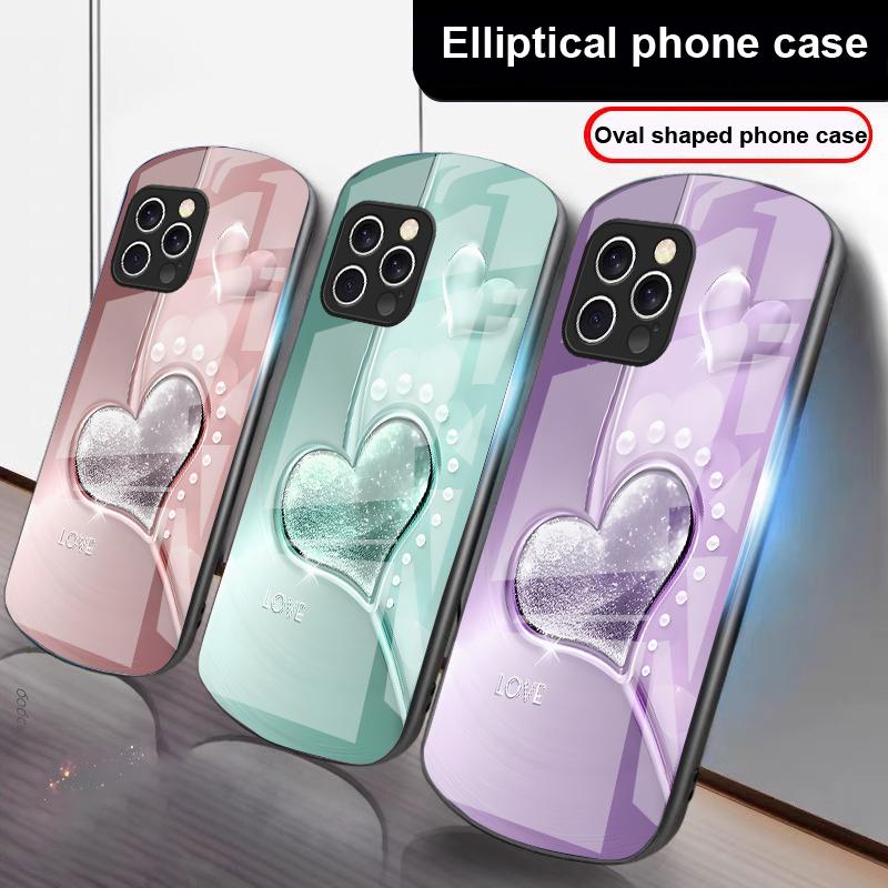Gradient Love Silver For IPhone 16 Pro Max 15 Pro 14 13 12 Mini 11 XS Max XR 7 8 Plu SE 2022 Elliptical Glass Phone Case
