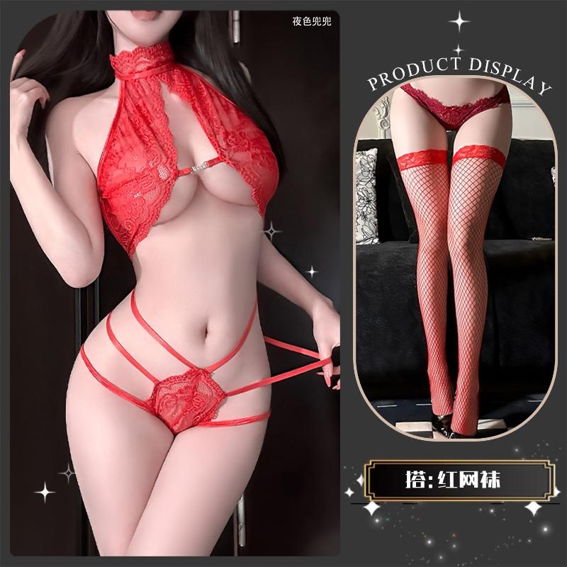 Sex underwear charm lace hollow sexy three-point flirting perspective free set qqny witch game