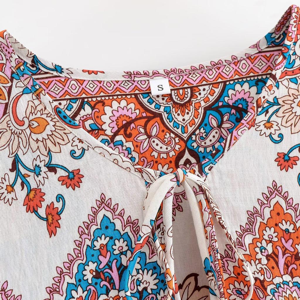 Spring 2026 European & American Style Women's Bohemian Tassel Dress with Print - Loose Fit