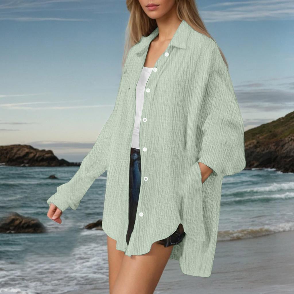 Damenmode Lässig Langarm Doppellagig Knitter Kragen Knopfleiste Hemd Top