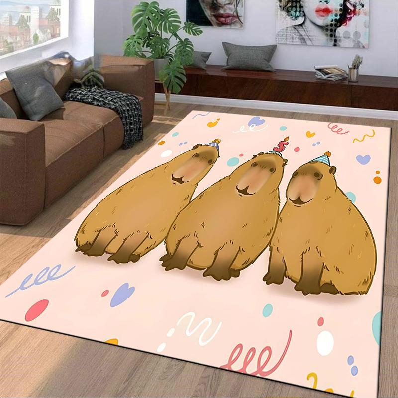 Cartoon Capybara Party Rug with Hats and Balloons, Soft Pink Mat Suitable for use as an anti-slip for living room bedroom sofas