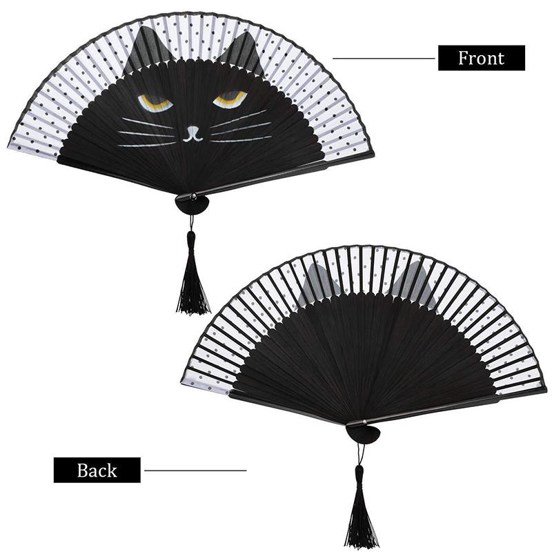 1 Piece Cat Pattern Bamboo Folding Fan For Women Cute Cartoon Cat Hand Fan Kimono Bathrobe Hand Fan Crafts Decoration