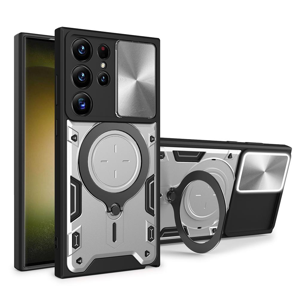 

Для Samsung Galaxy S22 Ultra 5G Чехол-накладка для камеры, PC+TPU задняя крышка, вращающееся кольцо-подставка, чехол для телефона Silver