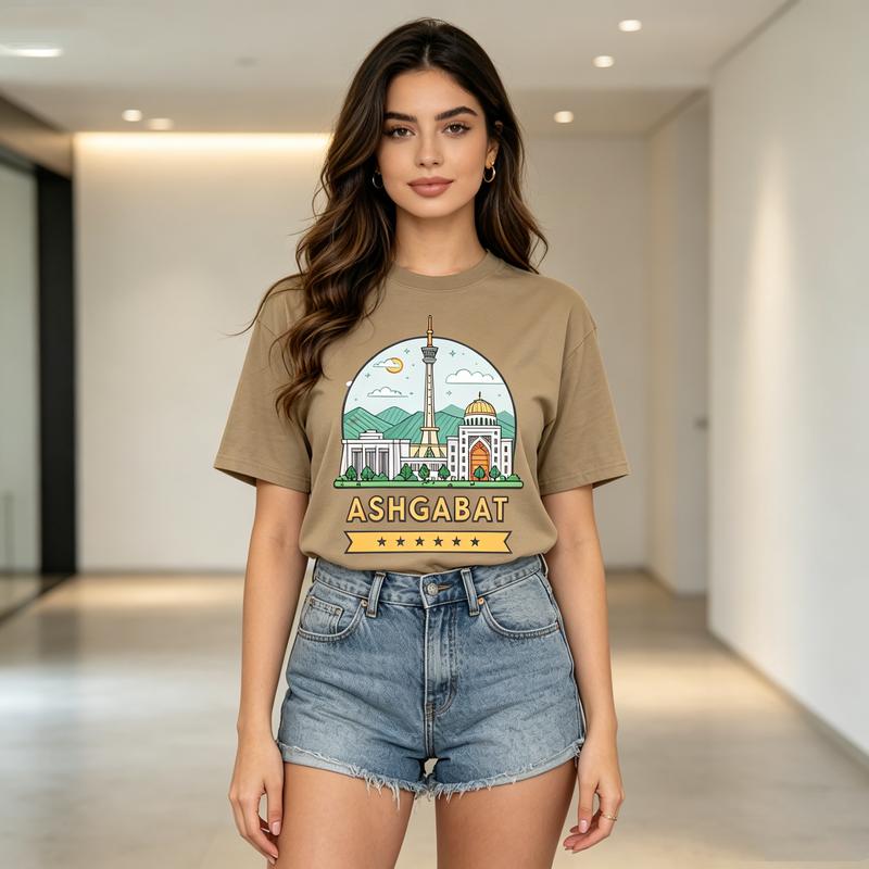 Ashgabat City Landscape Graphic T Shirt Travel Souvenir Badge Print Unisex Soft Cotton Crew Neck Short Sleeve Casual Top