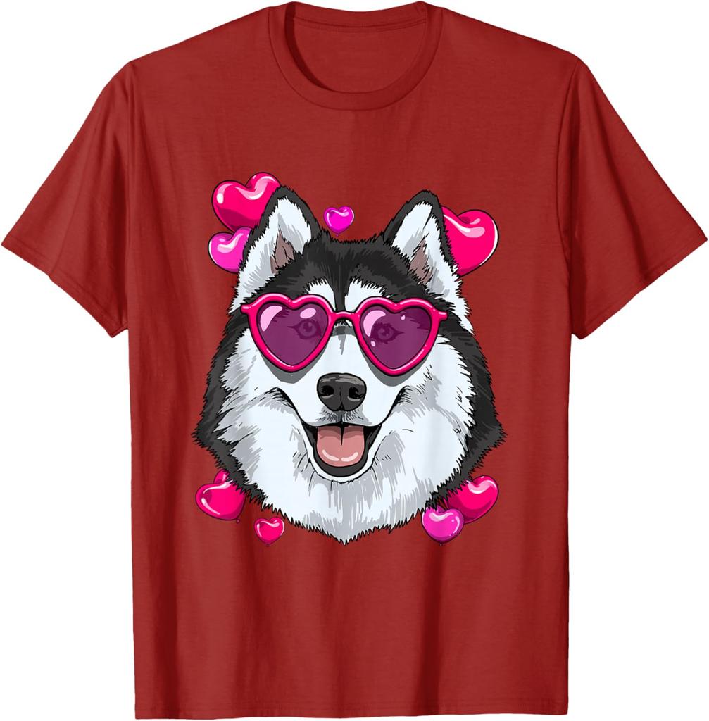 Husky Dog Heart Sunglasses Valentines Day Graphic Tee Soft Cotton Casual Short Sleeve Shirt