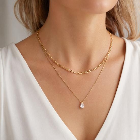 Cubic Zirconia Drop Necklace, Double-Layered Chain Necklace, Elegant Chain Choker Water Drop Pendant Necklace, Jewelry Gift for Women Wife Her