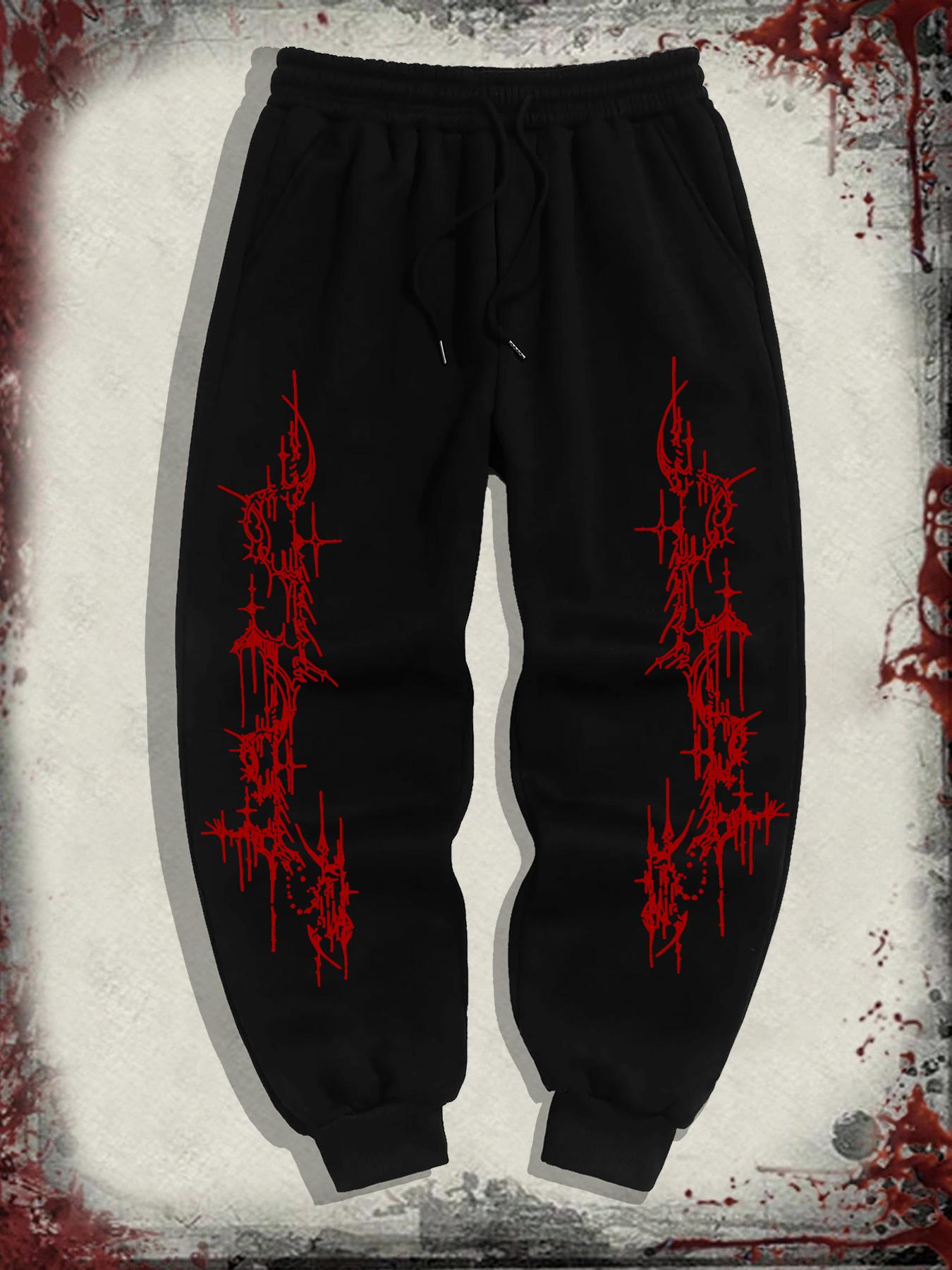 Red-thorn Herren Jogginghose Tasche Gothic Rote Stachelige Linien-Muster, Bein Tropfender Dunkler Stachel-Druck, Seitentaschen Kordelzug Jogginghose für Urbane Street Looks M schwarz