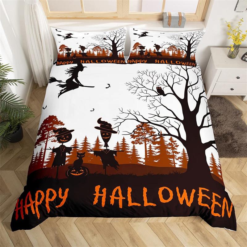 Halloween Duvet Cover Horror Pumpkin Lantern Bedding Set Polyester Crazy Scary Horseman Comforter Cover King For Kids Boys Girls