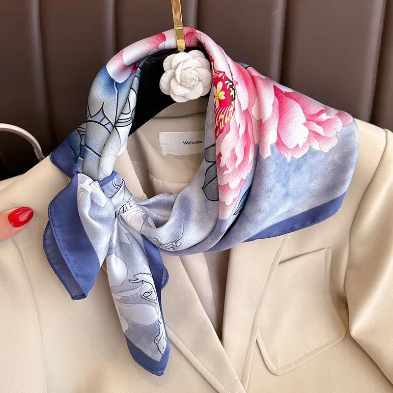 Luxury Floral Print Silk Square Scarf Women Soft Satin Kerchief Hairbands Head Hijab Hands Bag Ribbon Female Headscarf Decorate