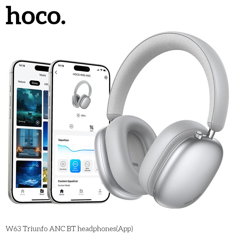 Hoco W63 Triunfo Kablosuz Kulaklık, Bluetooth 5.4, ANC'li, Uygulama Kontrollü, 55 Saat Çalma Süresi, Rahat Kulak Üstü Tasarım