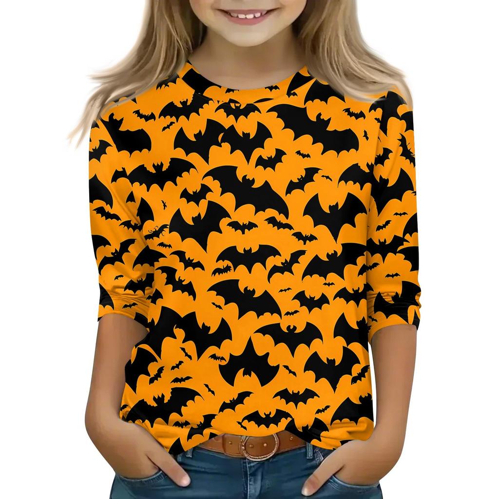Kinder 3/4-Ärmel Tops Lässiges Halloween-Print T-Shirt Rundhals Pullover Bluse