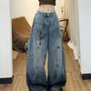 Mens Relaxed Fit Distressed Washed Denim Jeans High Waist Wide Leg Straight Cut Casual Streetwear