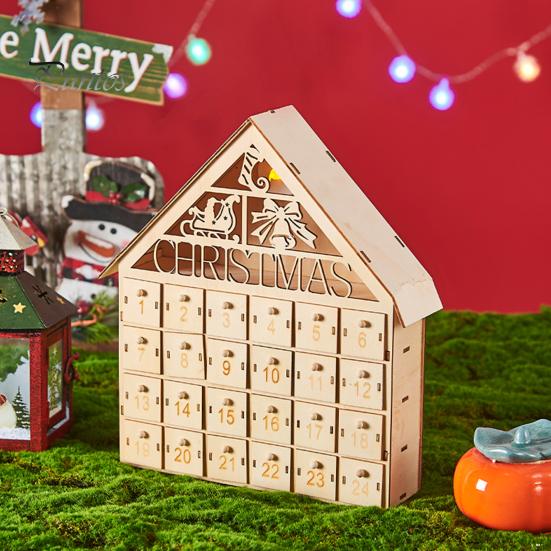 Juladventskalender i trä med 24 tomma förvaringslådor Husform Julnedräkningskalender Heminredning