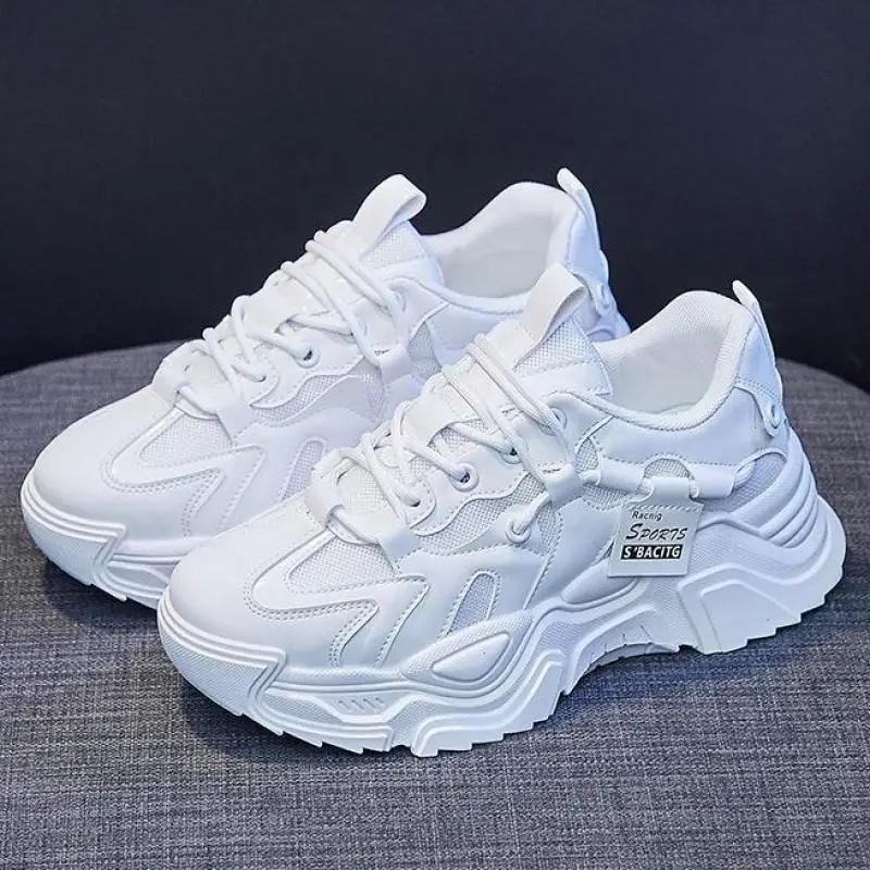 Spring White Casual Shoes Women Thick Sole Breathable Black Chunky Sneakers 2025 Non-slip Sports Shoes