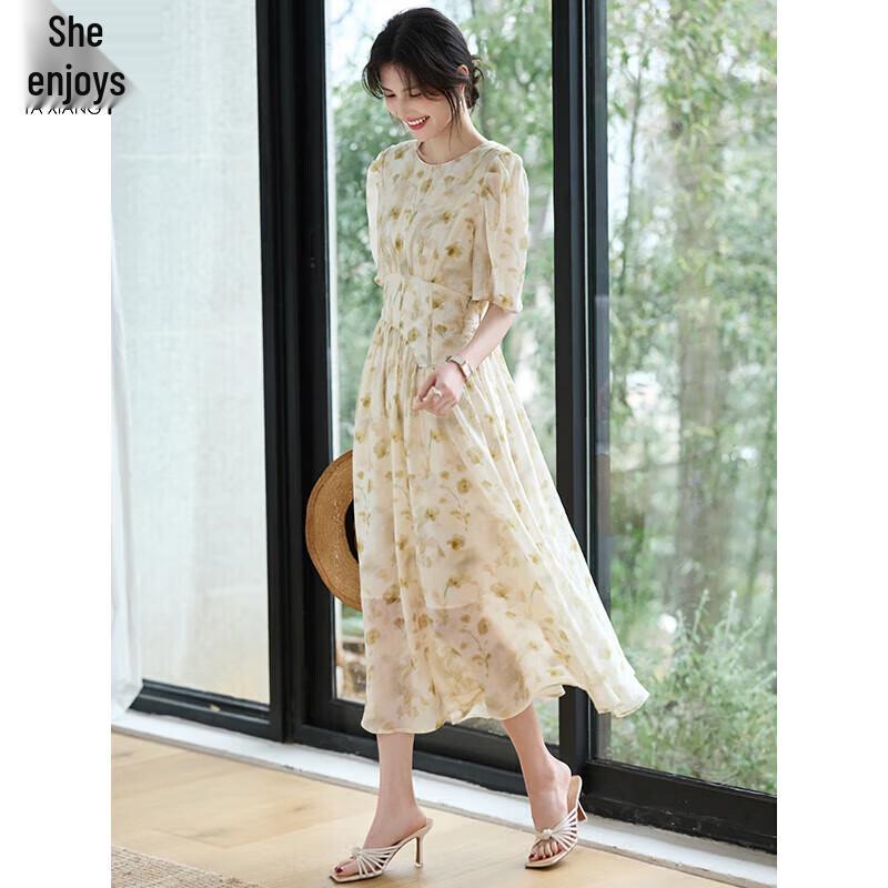 

French Style Lyocell Floral Puff Sleeve Midi Dress S