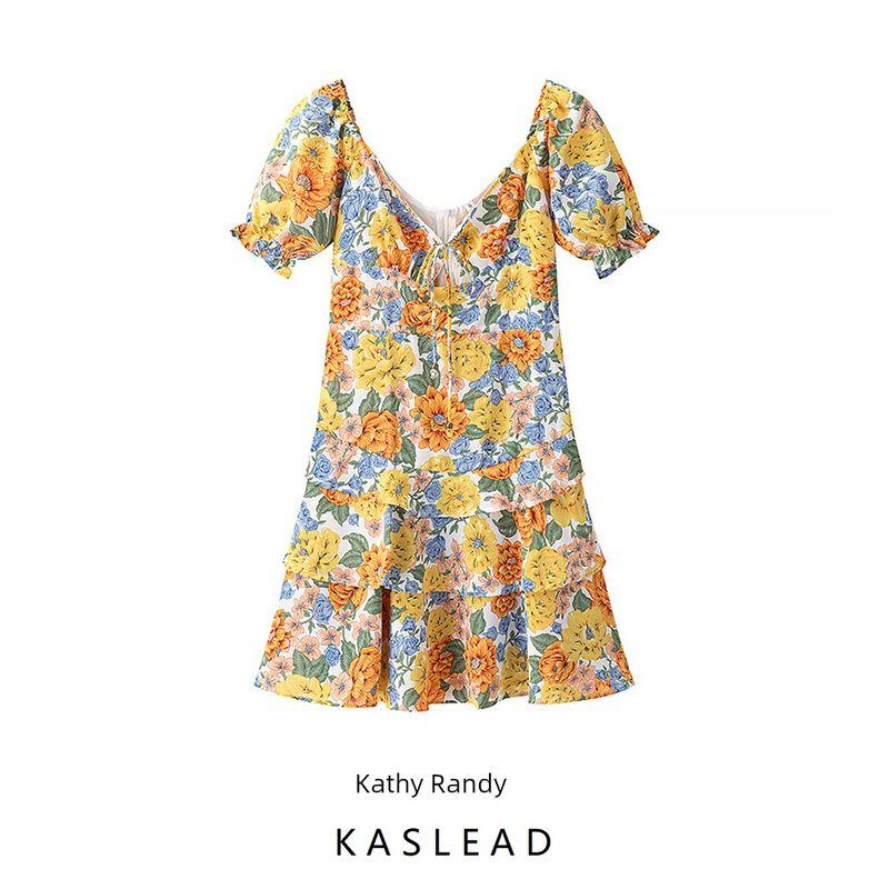 Kaslead New Arrival Women's Clothing Fashion Style Fashion Minimalist Chest Lace-up Short Sleeve Print Dress