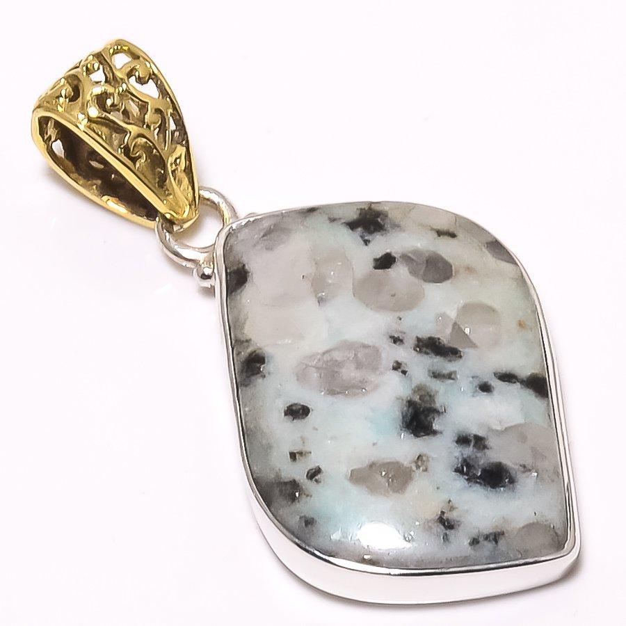 Natural Dendritic Jasper Gemstone 925 Sterling Silver TwoTone Pendant 1.65" p5Q84