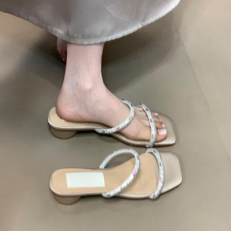 Silver one-word rhinestone thick heel with skirt fashion thin belt low heel square head sandals women