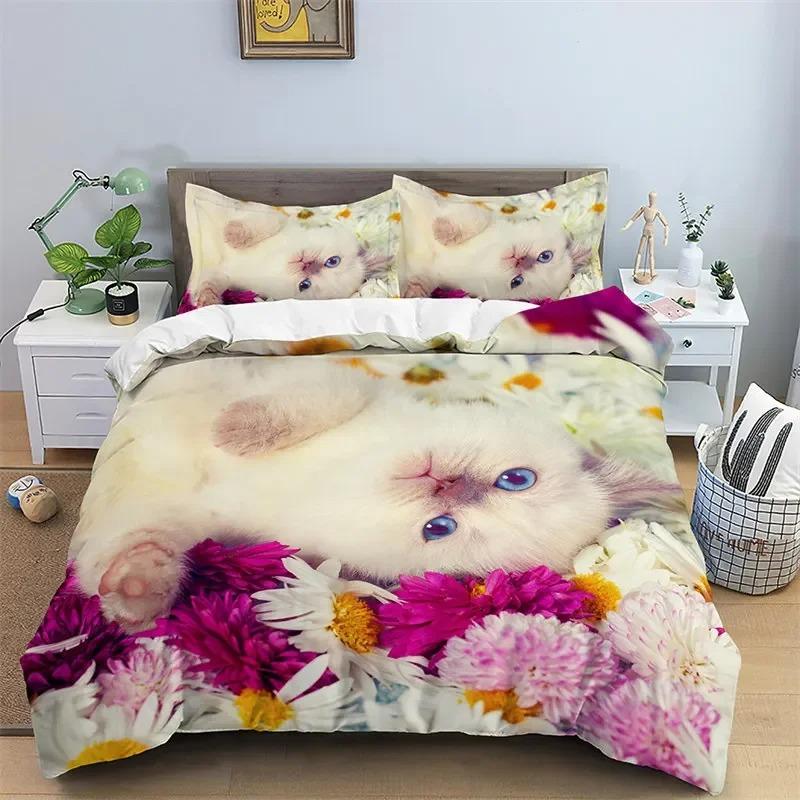 3D Cat Print Duvet Cover Floral Bedding Set Twin Full For Kids Girls Boys Room Luxury Microfiber Quilt Cover