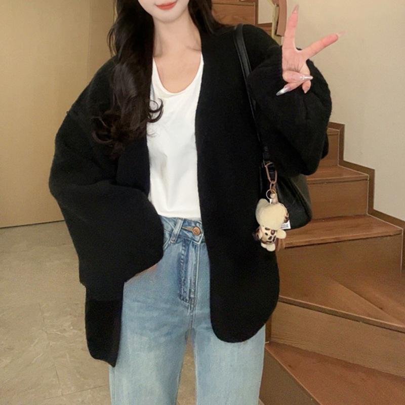 

Spring and Autumn New Loose Lazy Sweater Jacket Women s Solid Color Simple Versatile Knitted Cardigan Top average size чёрный