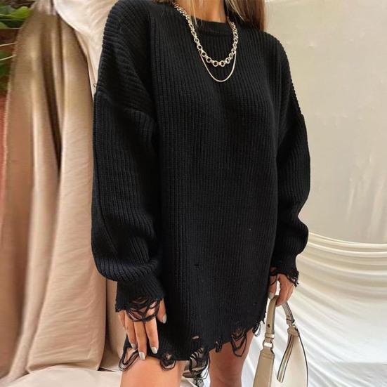 Women Sweater Three-Dimensional Tailoring Loose Fit Soft Knitted Sweater O-Neck Long Sleeve Ripped Holes Mid-length Tops