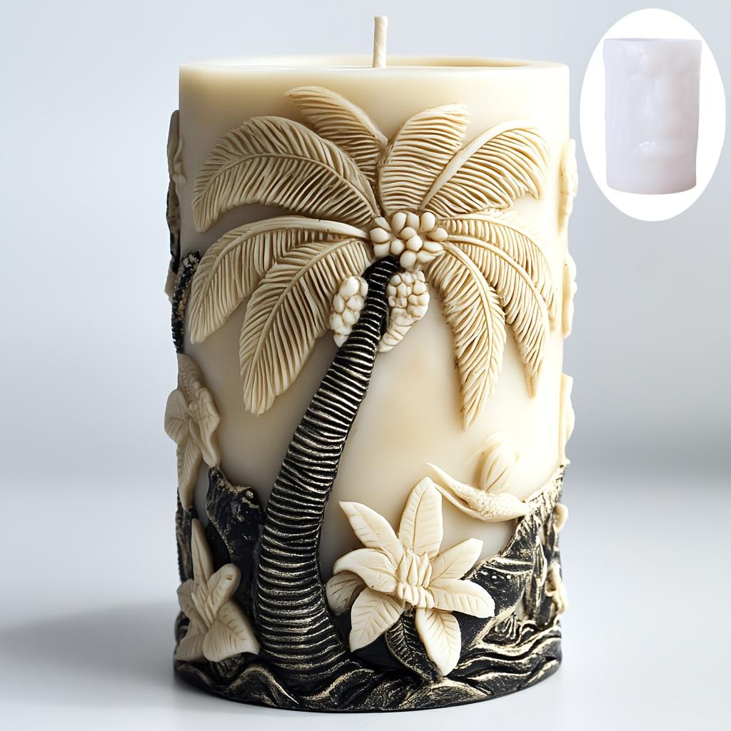 3D Coconut Tree Relief Cylindrical Candle Silicone Mold Beach Tree Resin Molud Palm Tree Flower Relief Handicraft Gypsum Molds