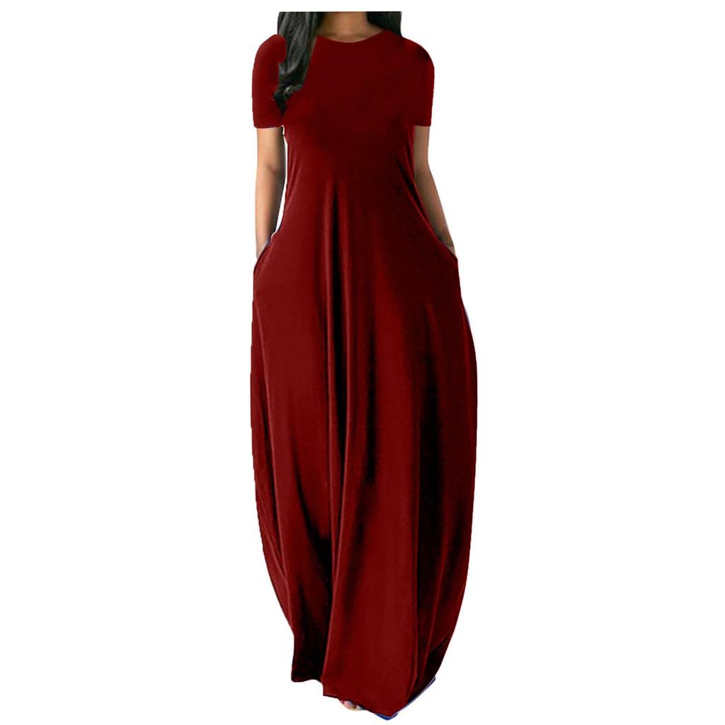Plus Size Women’s Solid Color Round Neck Pocket Maxi Dress – Short Sleeve, Loose Fit