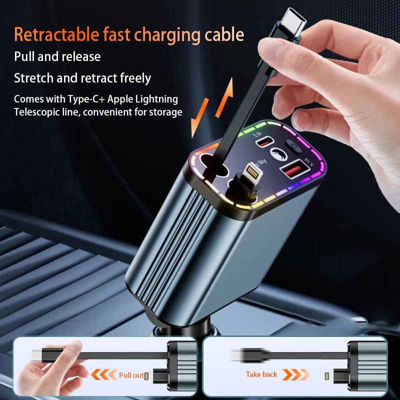 ZRGAE 5 IN 1 Retractable Car Charger 152W Fast Charging Starry Sky LED Lights USB Type-C Power Adapter For iPhone Android