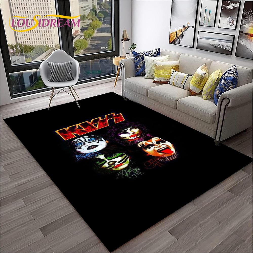 Retro Koberec KISS Rocková Kapela pro Domácí Obývací Pokoj Ložnici Hernu Pohovku Kuchyňskou Rohožku Dekor, Dětský Koberec Protiskluzová Podložka na Podlahu