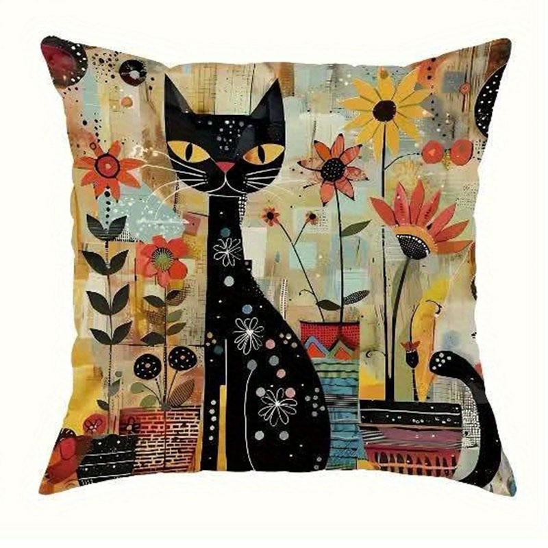 Vintage Schwarze Katze und Blume Kissenbezug Mittelalterliches Abstraktes Design Tägliche Heim Sofa Dekoration Kissenbezug
