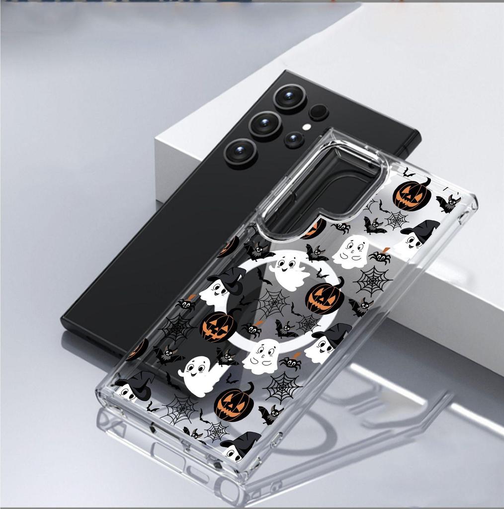 Transparent Black Pumpkin Skull Magnetic Case for iPhone 15/16/17 Pro Max – Full Coverage