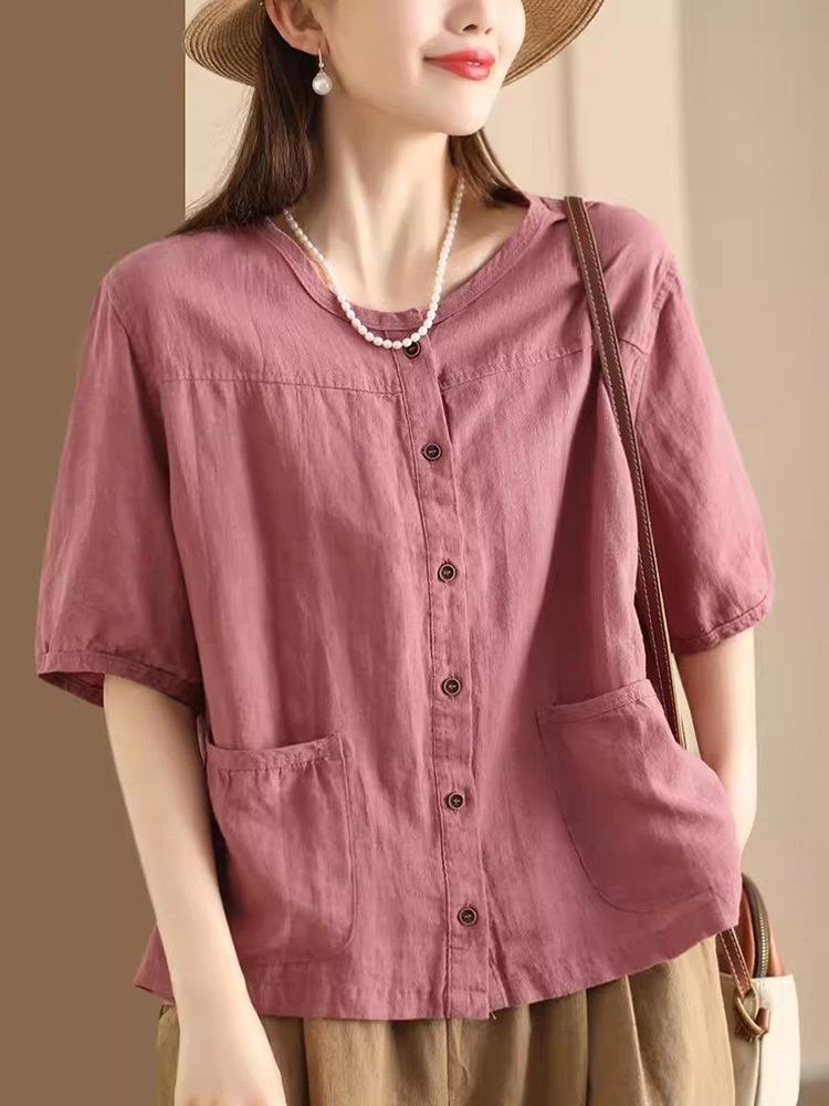 

Летний новый ретро литературный кардиган хлопок и лен дизайн кармана рубашки женский повседневный однобортный с коротким рукавом темперамент M розовый