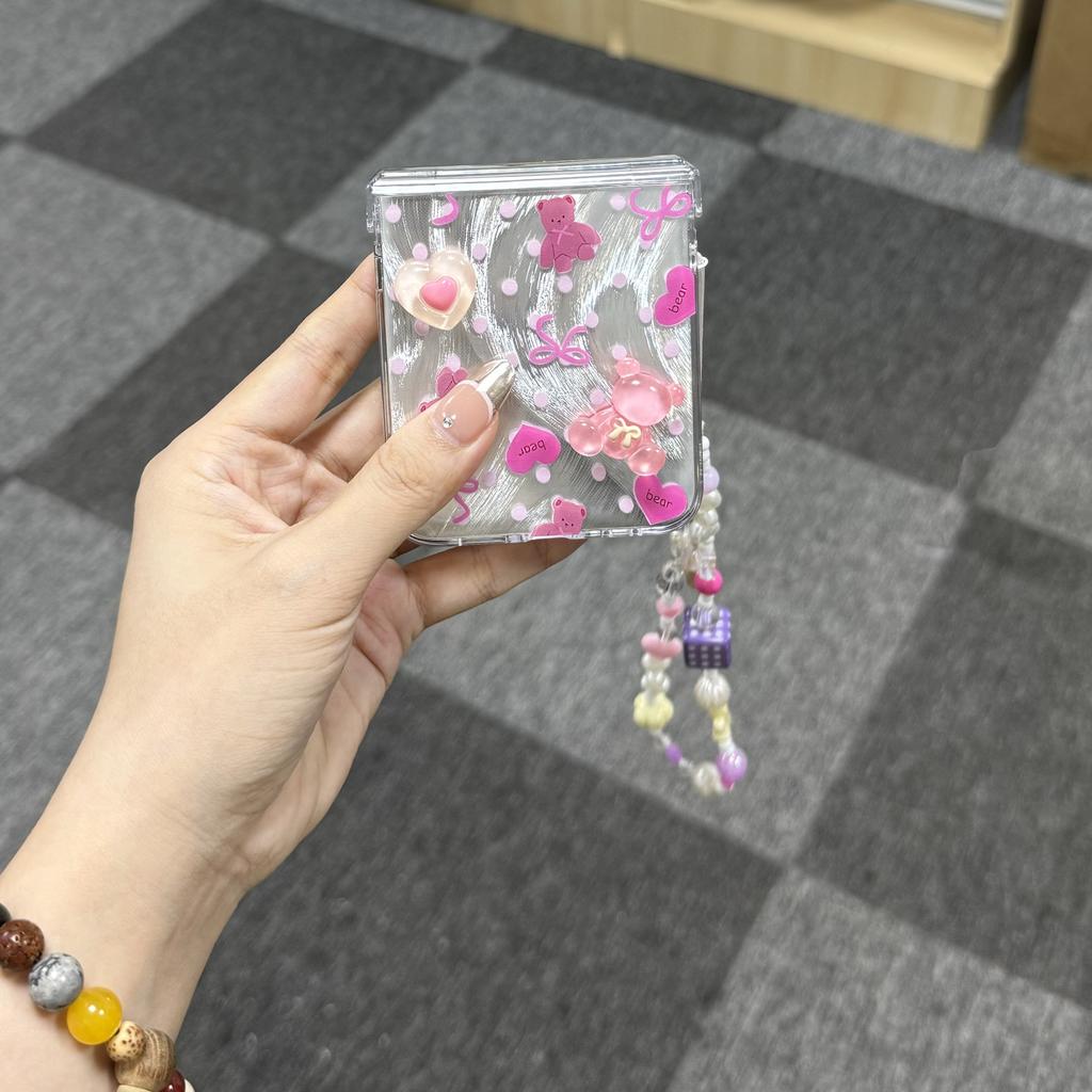 Polka Dot Love Bear Folding Phone Case with Chain Cute Girl Phone Accessories for Galaxy Z Flip 3 4 5 6