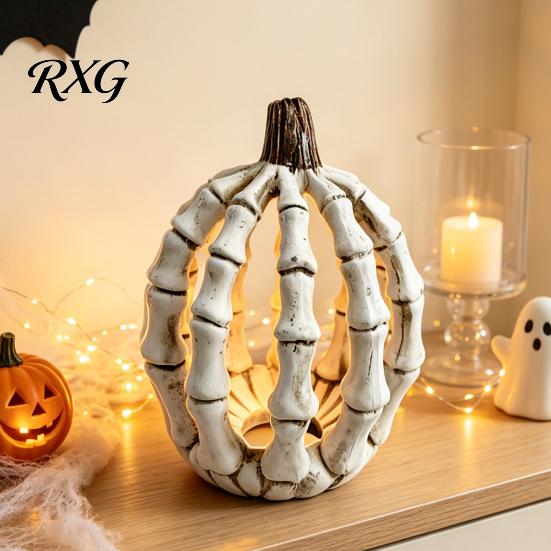 Halloween Skull Pumpkin Ornaments Figurine, Realistic Resin Skeleton Statue Decorations, Spooky Indoor Table Decor Desktop for Haunted House