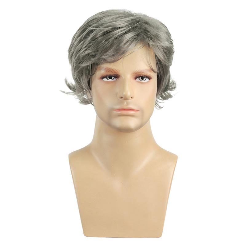 Men Synthetic Short Black Gray Wigs with Bangs Layered Wave Grey Hair for Daily Party Cosplay Heat Resistant Fibre