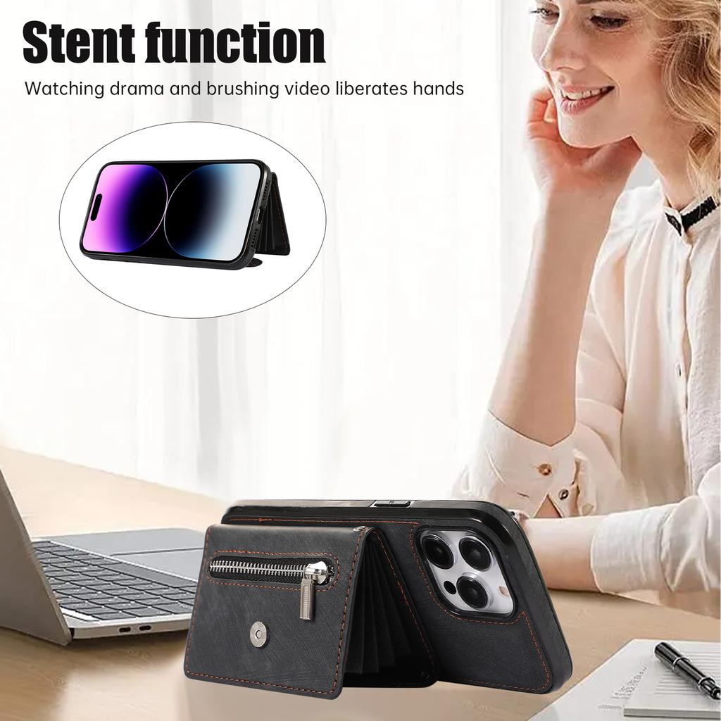 For iPhone 14 Pro PU Leather+TPU Scratch Proof Phone Case Kickstand Cover with RFID Blocking Card Bag