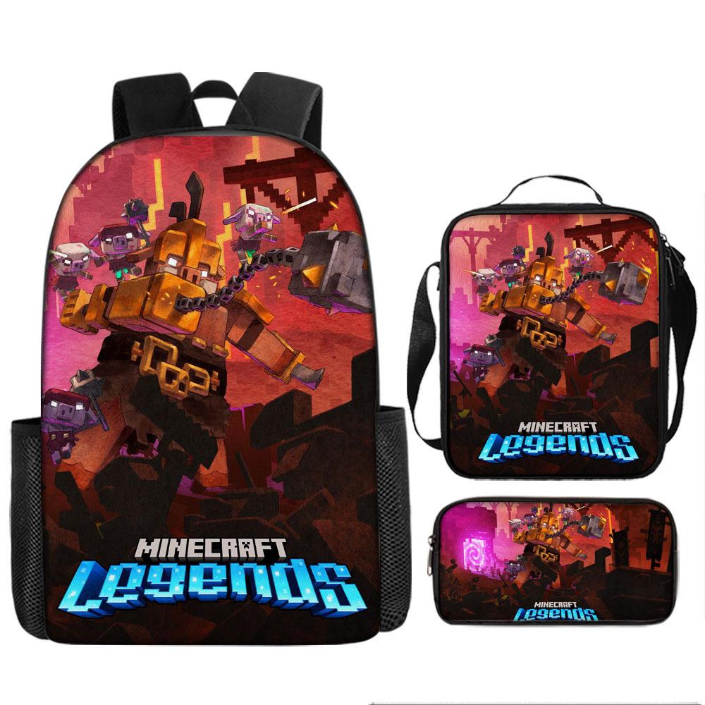 Minecraft Cartoon Print Backpack Set 3-Piece Student School Bag Water-Resistant Large Capacity Unisex