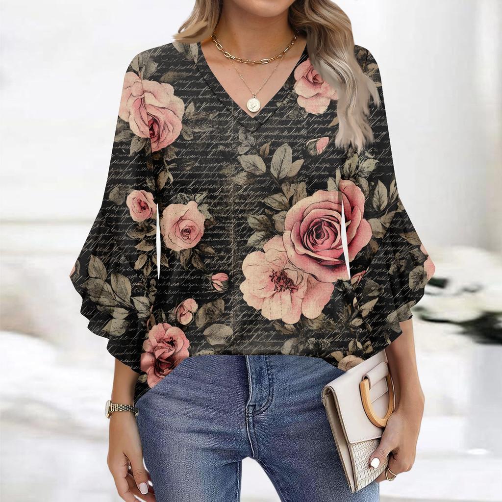 Blouses For Women Dressy Casual 3/4 Length Sleeve Womens Tops V Neck Tshirts Shirts With Flared Sleeve